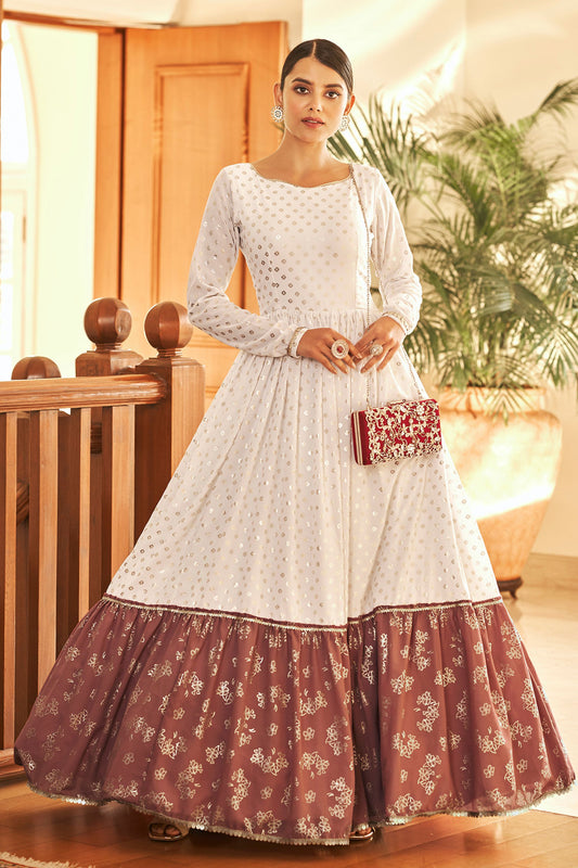 White Georgette Party Wear Gown For Indian Festivals & Weddings - Foil Work