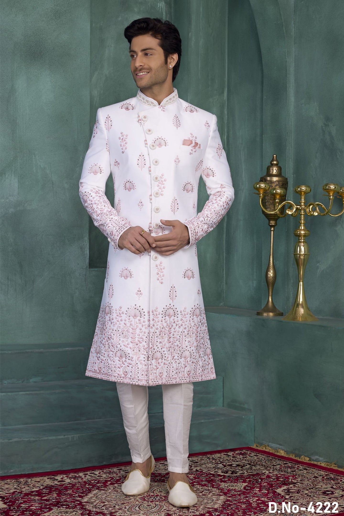 White Art Silk Thread Embroidery Sherwani Kurta Mens Wear & Pajama