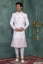 White Long Kurta Mens Wear & Pajama - Thread Embroidery Sherwani