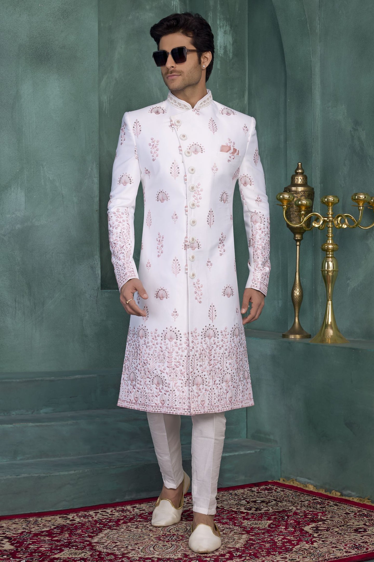White Art Silk Thread Embroidery Sherwani Kurta Mens Wear & Pajama