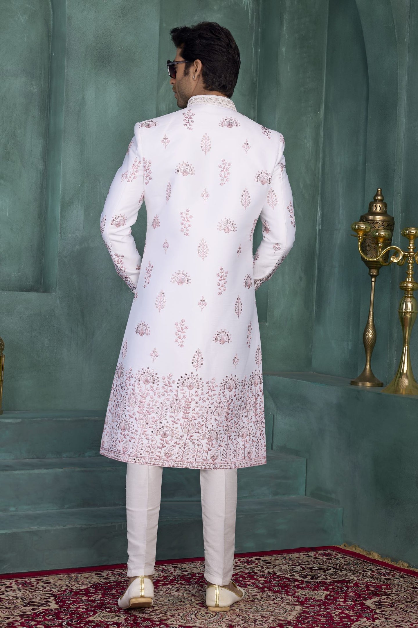 White Art Silk Thread Embroidery Sherwani Kurta Mens Wear & Pajama