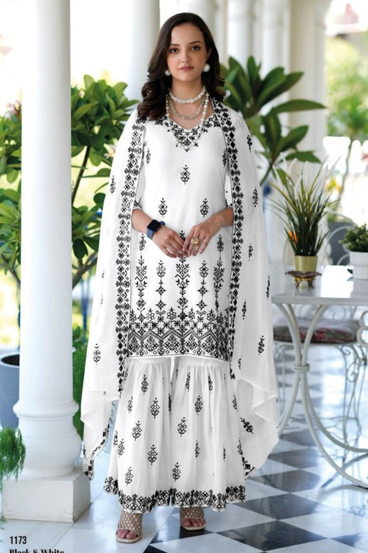 White Mal Mal Sharara Suits for Pakistani Festival & Indian Wedding - Embroidery Work