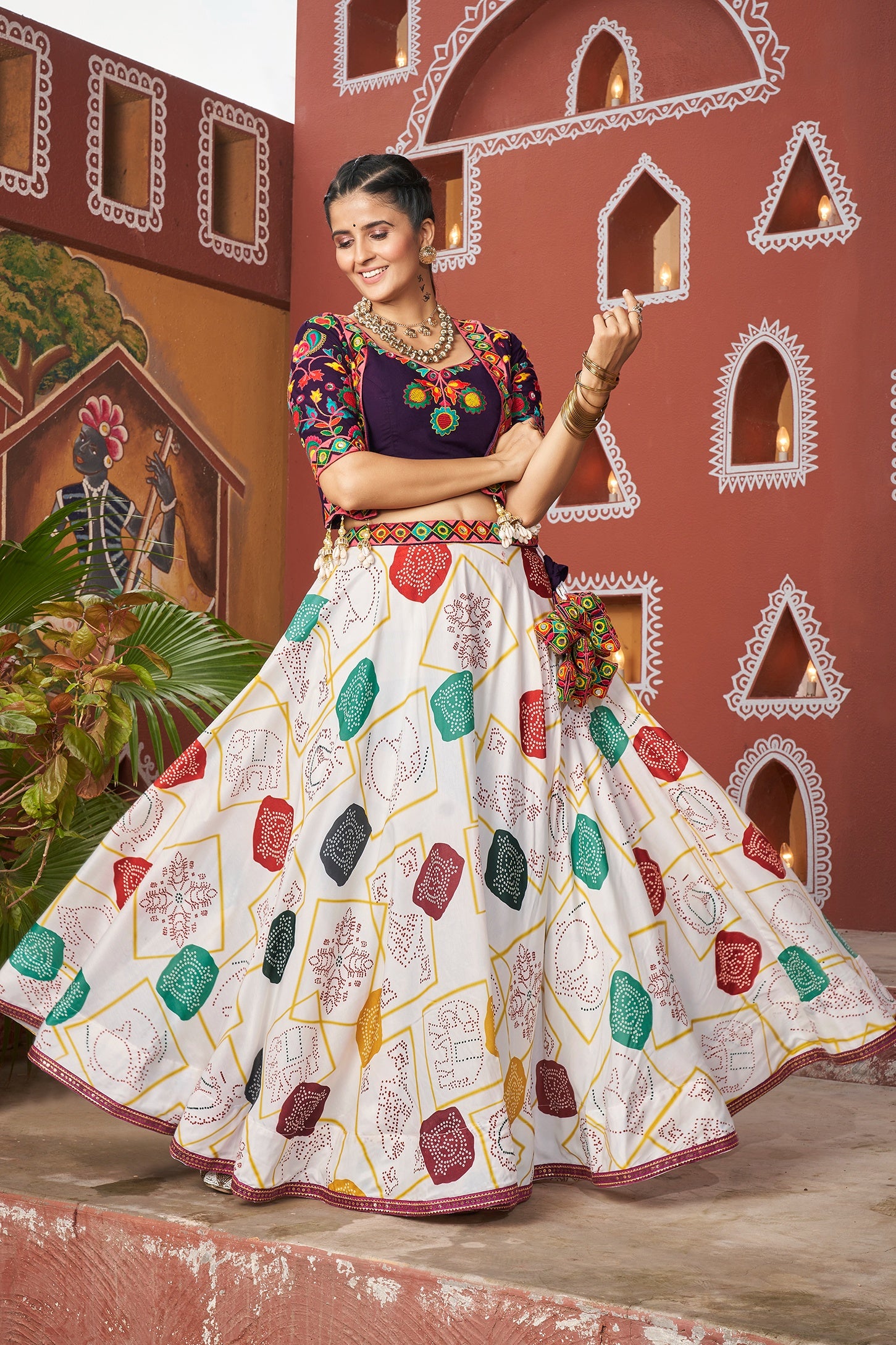 White Maska Silk Chaniya Choli with Jacket For Navratri Garba Festival 7 Meter Flair - Thread Embroidery Work, Real Mirror Work