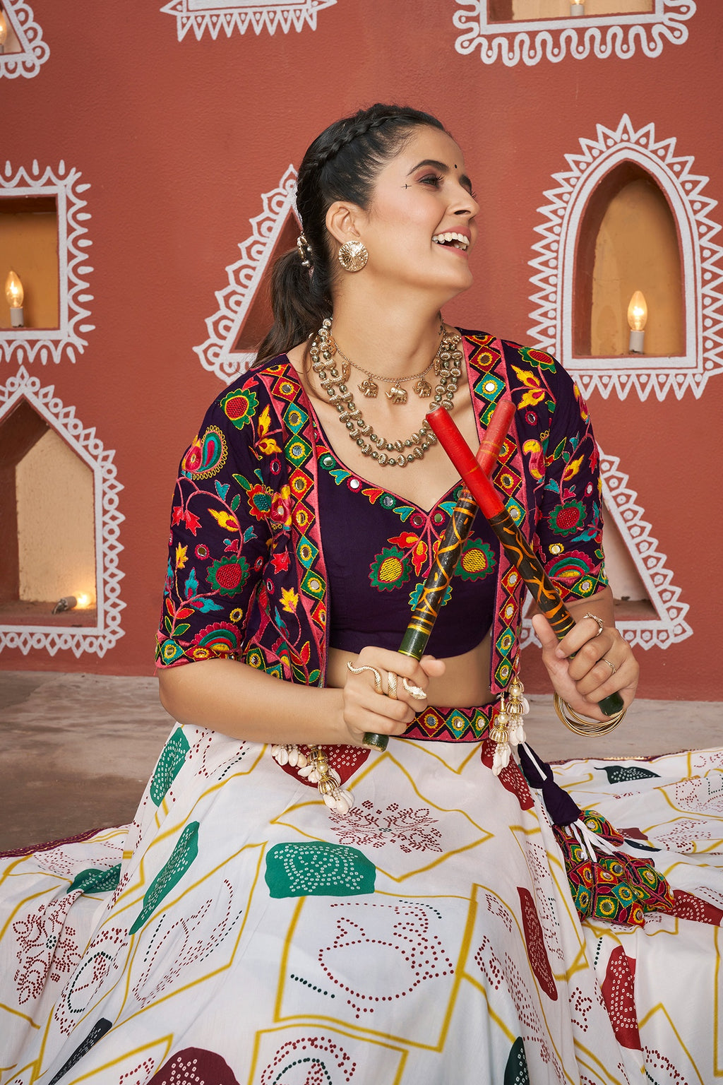 White Maska Silk Chaniya Choli with Jacket For Navratri Garba Festival 7 Meter Flair - Thread Embroidery Work, Real Mirror Work