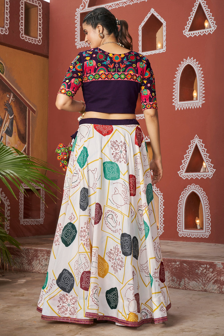 White Maska Silk Chaniya Choli with Jacket For Navratri Garba Festival 7 Meter Flair - Thread Embroidery Work, Real Mirror Work