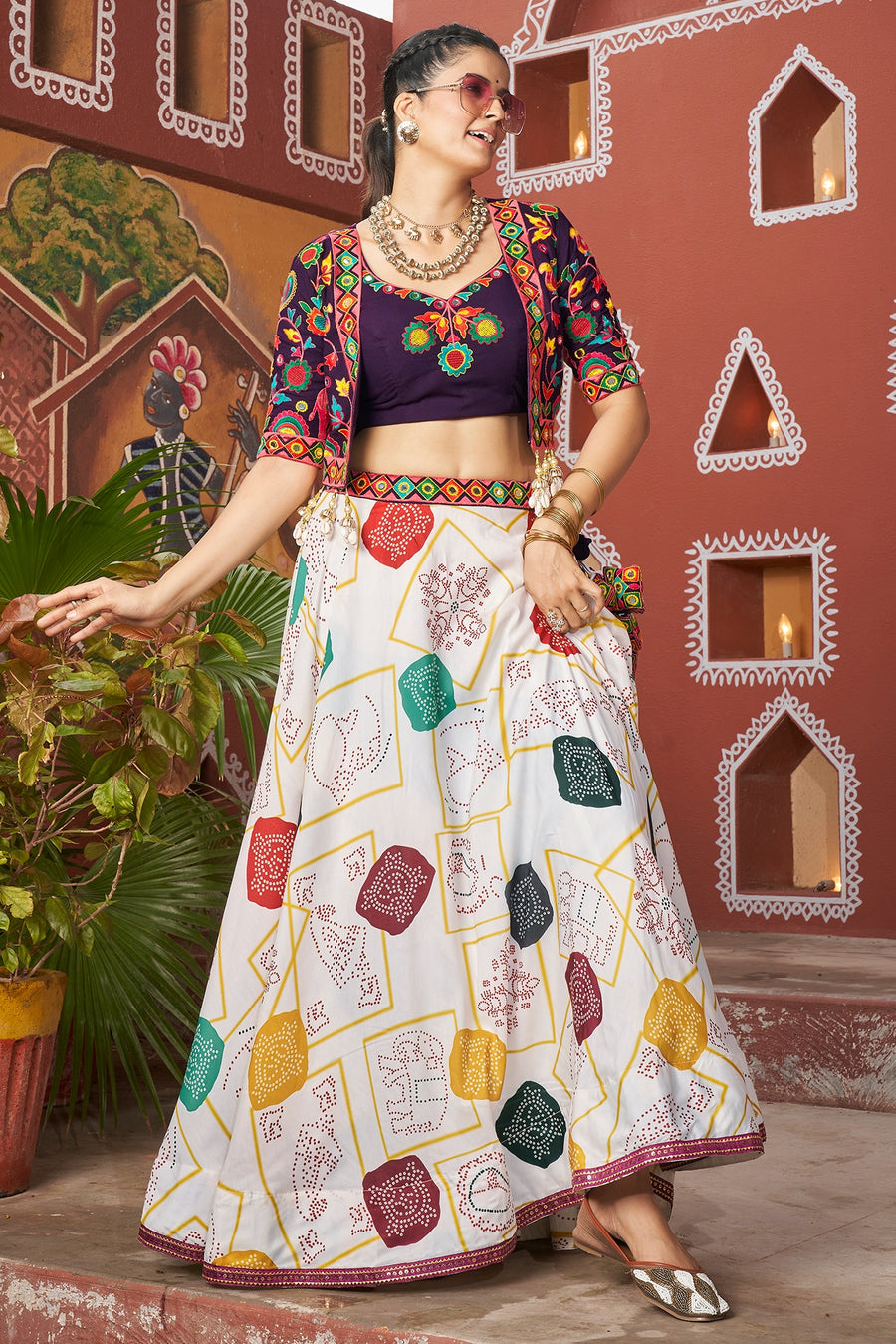 White Maska Silk Chaniya Choli with Jacket For Navratri Garba Festival 7 Meter Flair - Thread Embroidery Work, Real Mirror Work