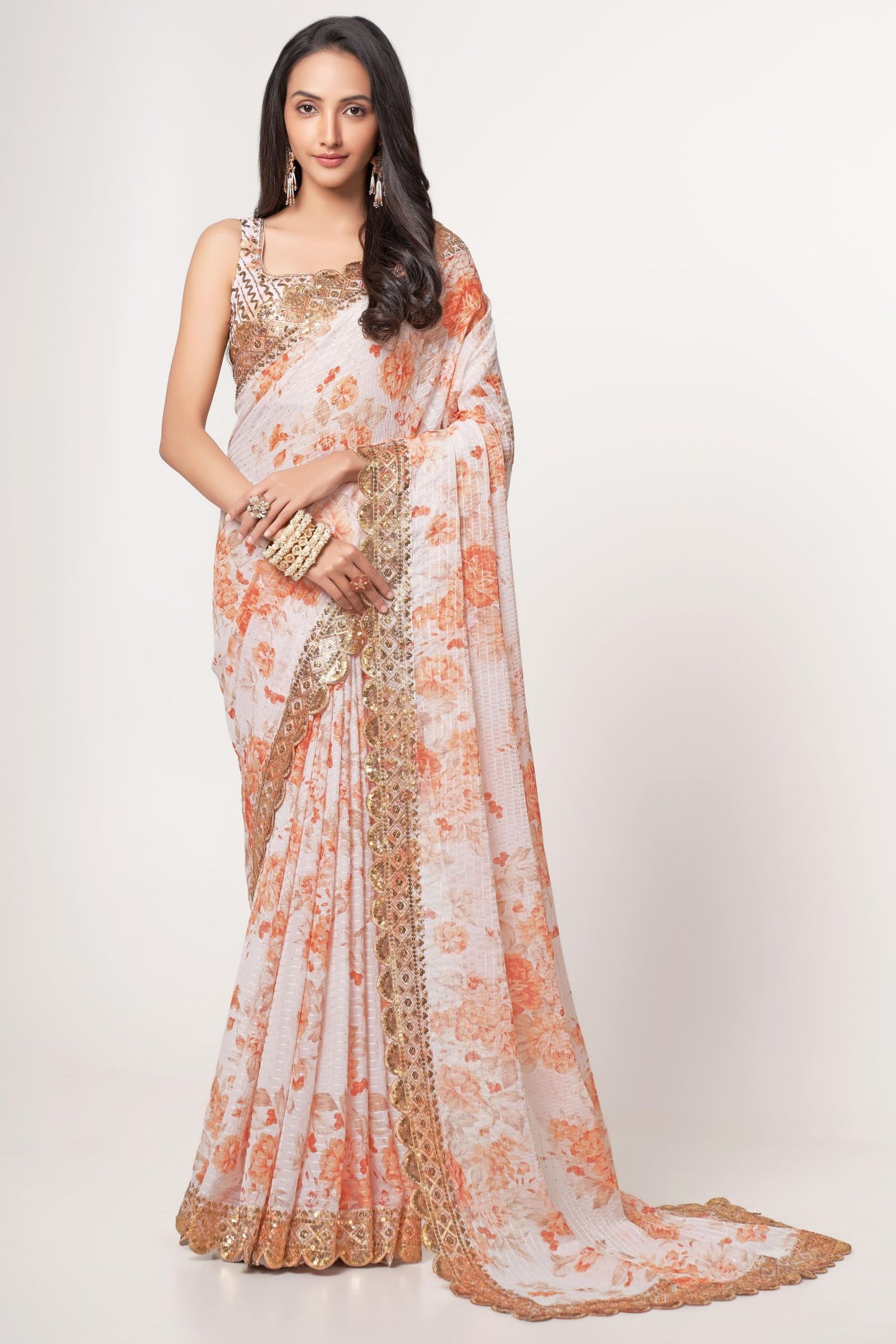 White Organza Silk Floral Saree Blouse With Underskirt & Fall Pico For Indian & Pakistani Wedding Festival - Sequins & Thread Embroidery Work, Print Work