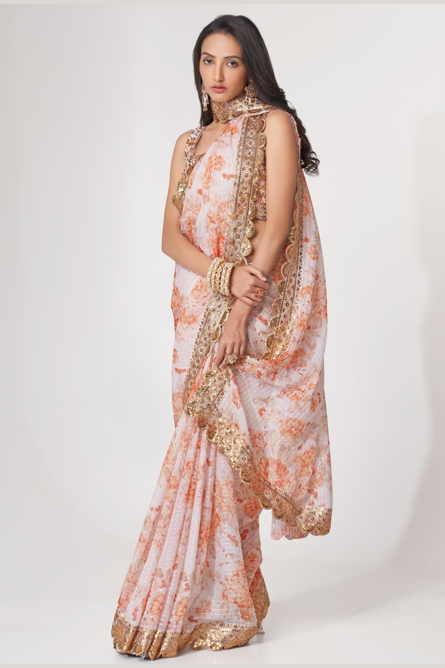 White Organza Silk Floral Saree Blouse With Underskirt & Fall Pico For Indian & Pakistani Wedding Festival - Sequins & Thread Embroidery Work, Print Work