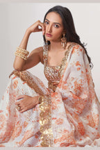 White Organza Silk Floral Saree Blouse With Underskirt & Fall Pico For Indian & Pakistani Wedding Festival - Sequins & Thread Embroidery Work, Print Work