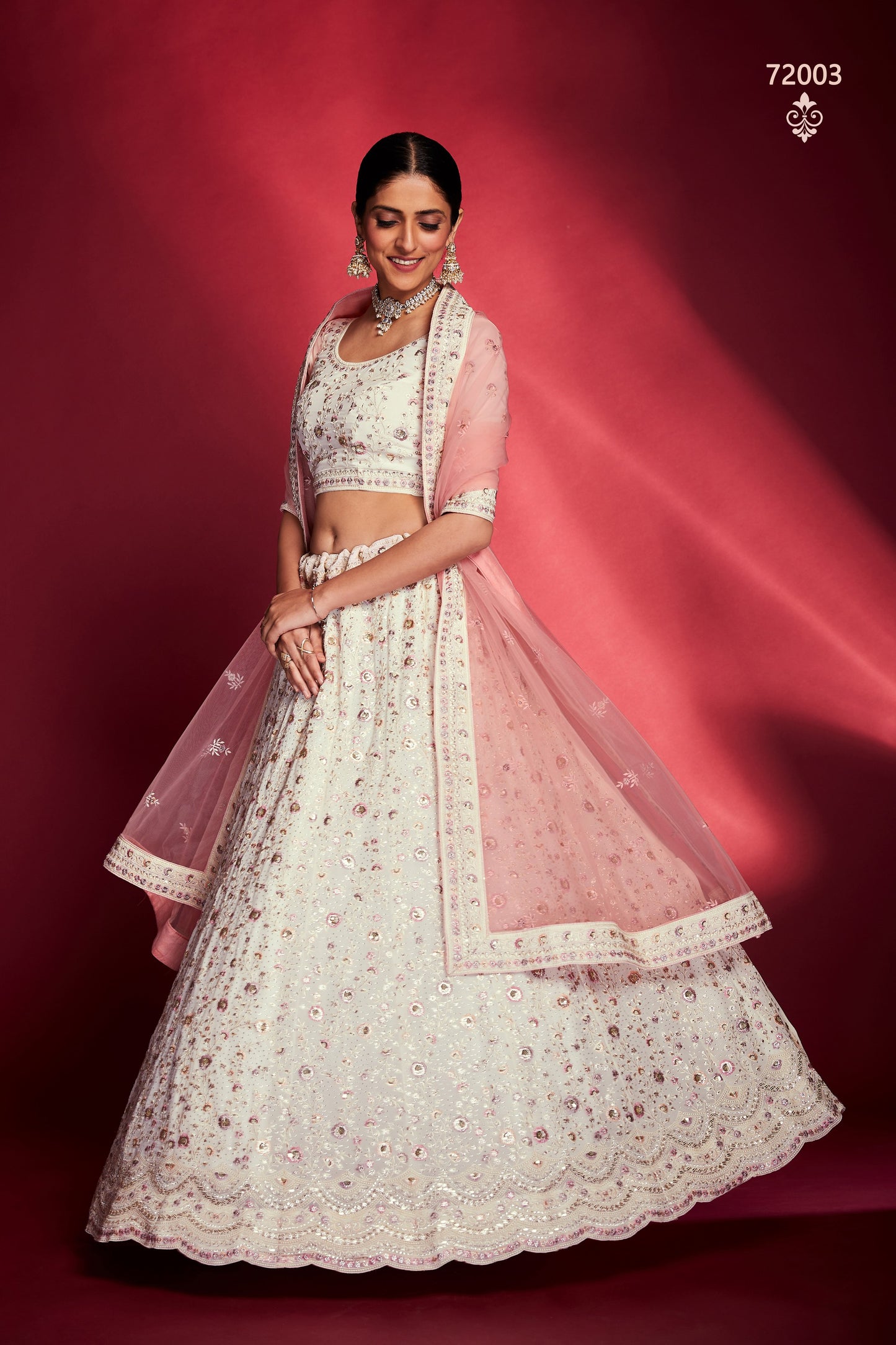 White Pakistani Georgette Lehenga Choli For Indian Festivals & Weddings - Sequence Embroidery Work, Thread Embroidery Work, Zari Work, Swarovski Work