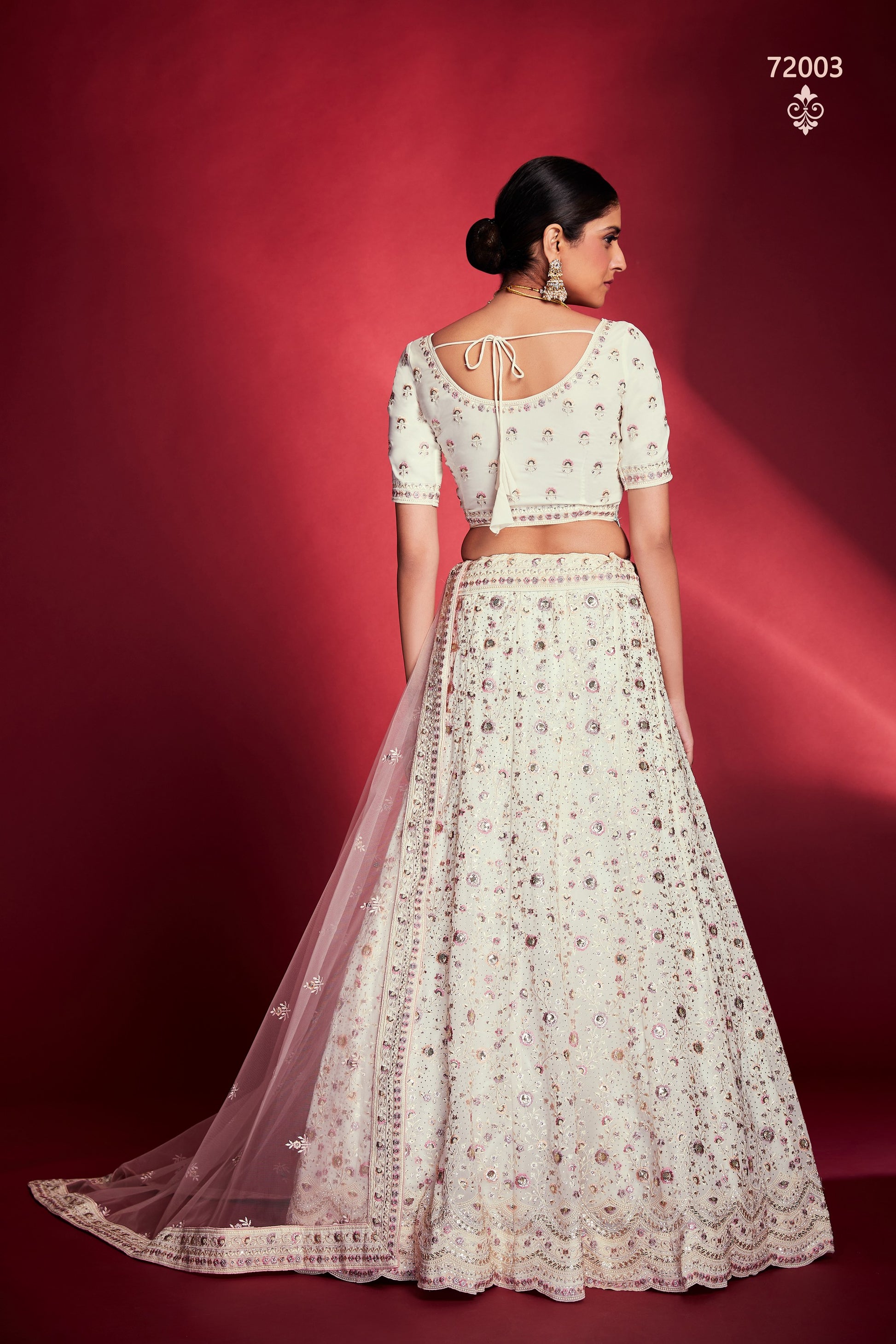 White Pakistani Georgette Lehenga Choli For Indian Festivals & Weddings - Sequence Embroidery Work, Thread Embroidery Work, Zari Work, Swarovski Work