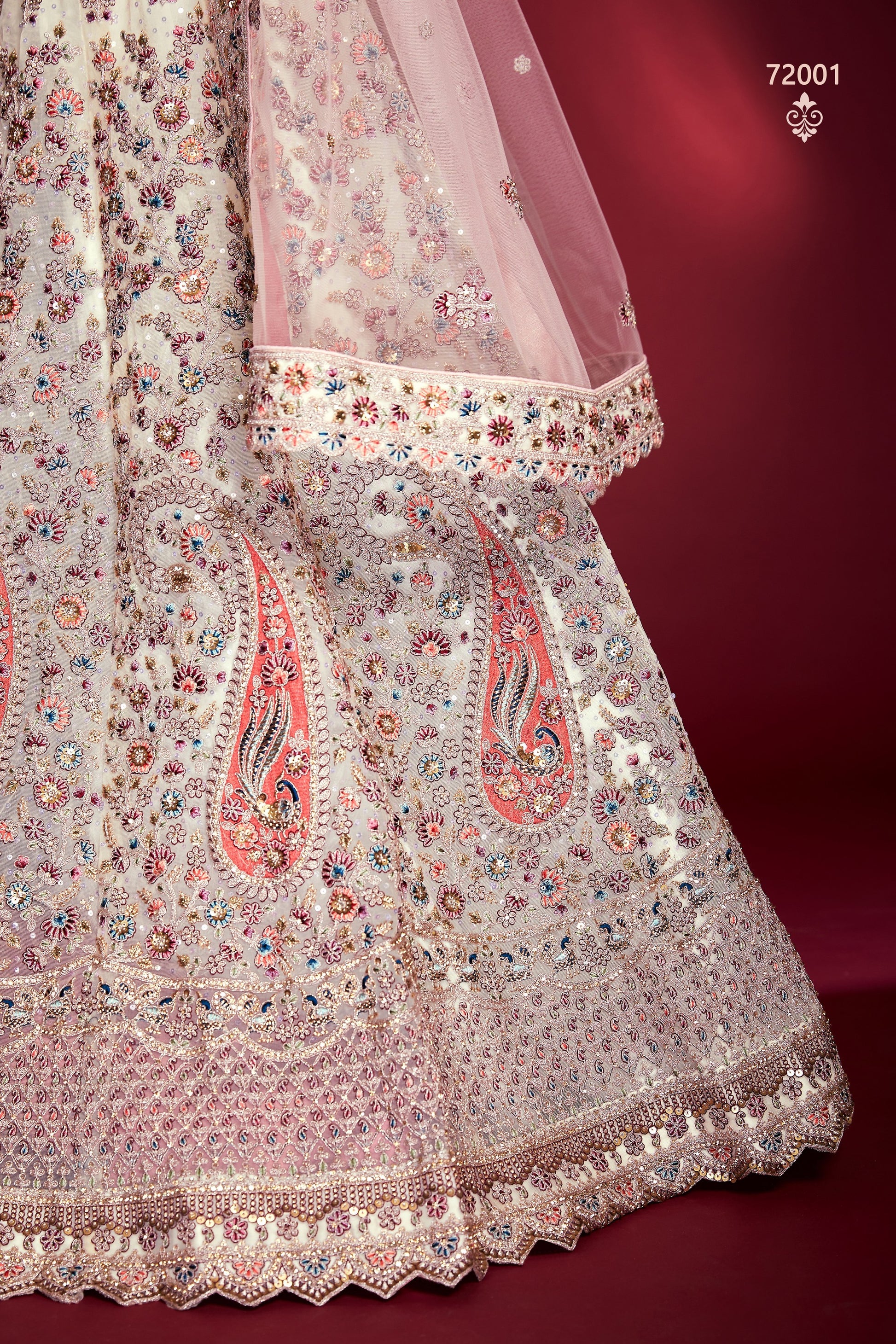 White Pakistani Silk Lehenga Choli For Indian Festivals & Weddings - Sequence Embroidery Work, Thread Embroidery Work, Dori Work, Zarkan Work