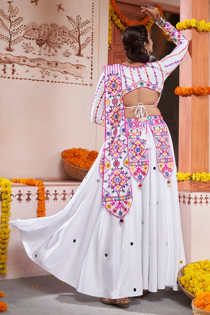 White Viscose Rayon Embroidered Navratri Chaniya Choli