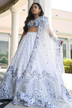 White Satin Sangeet Lehenga Choli with Zari and Sequins Work