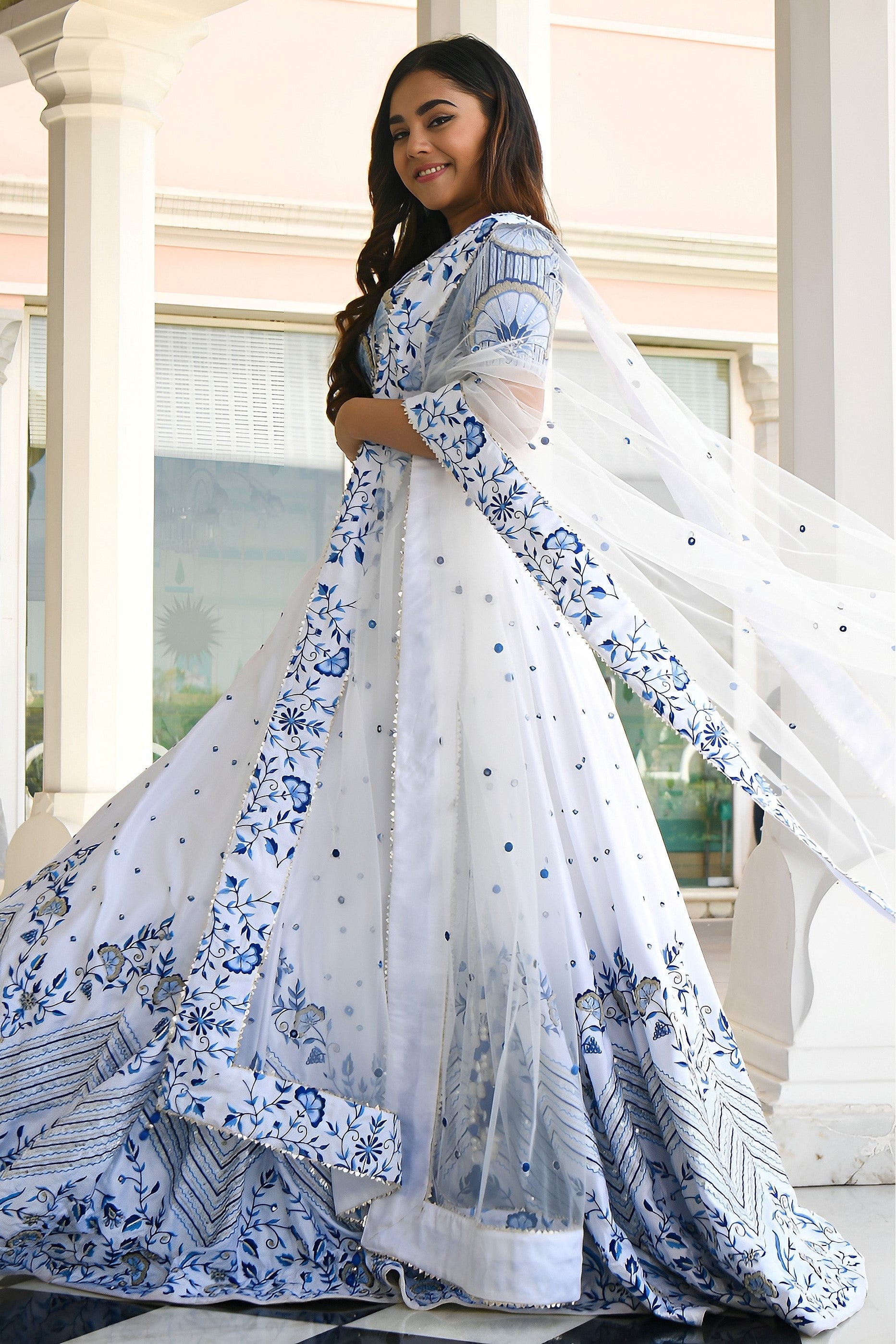 White Satin Sangeet Lehenga Choli with Zari and Sequins Work