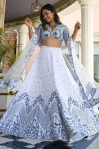White Satin Sangeet Lehenga Choli with Zari and Sequins Work