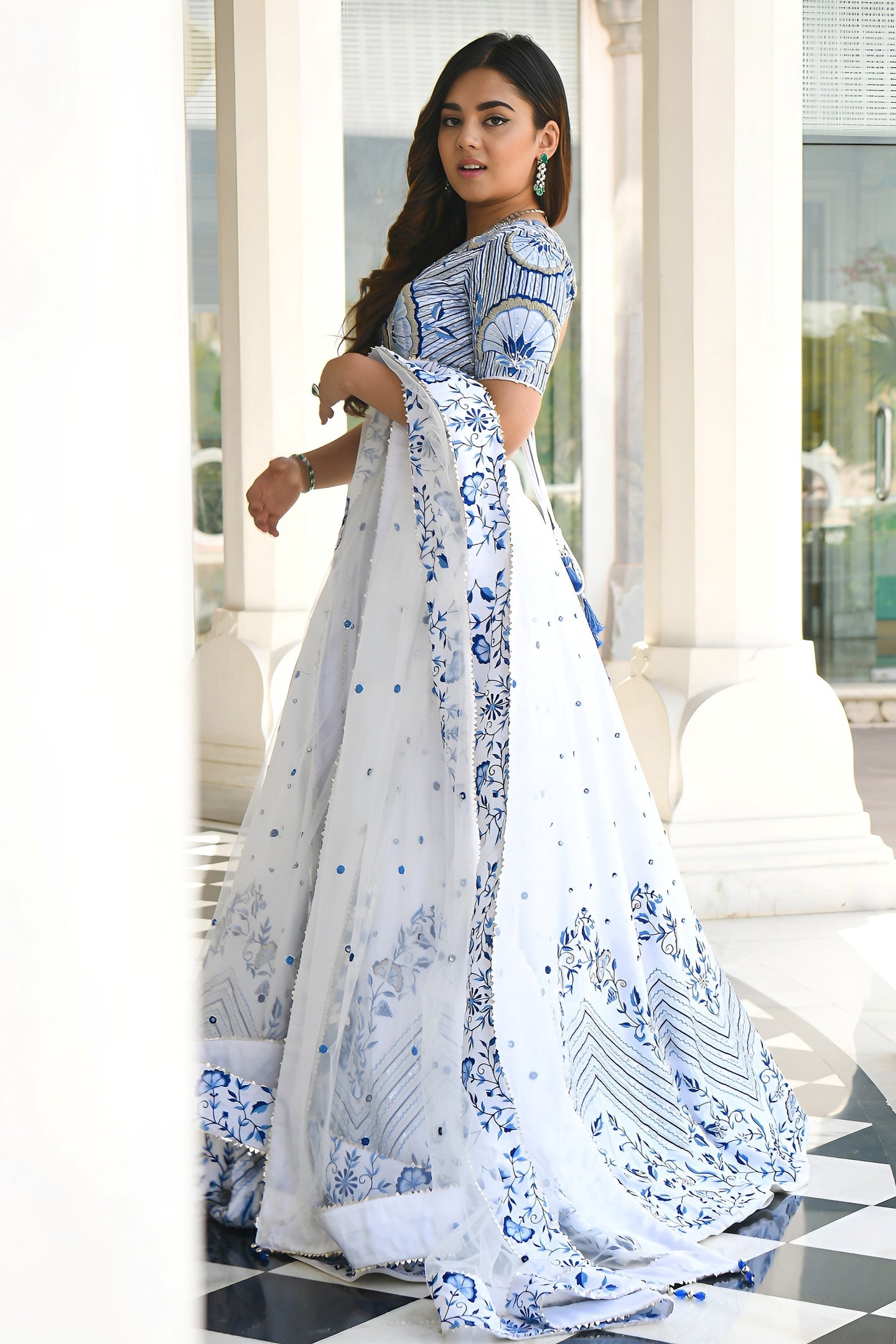 White Satin Sangeet Lehenga Choli with Zari and Sequins Work