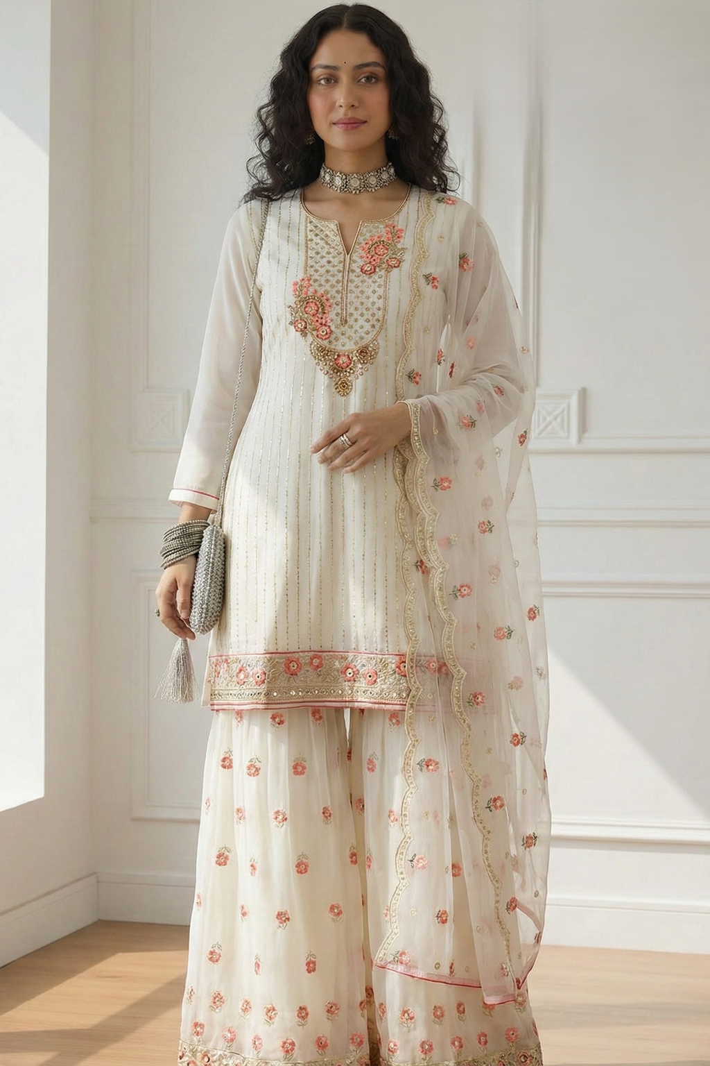 White Georgette Sharara Suit for Women with Khatli Work