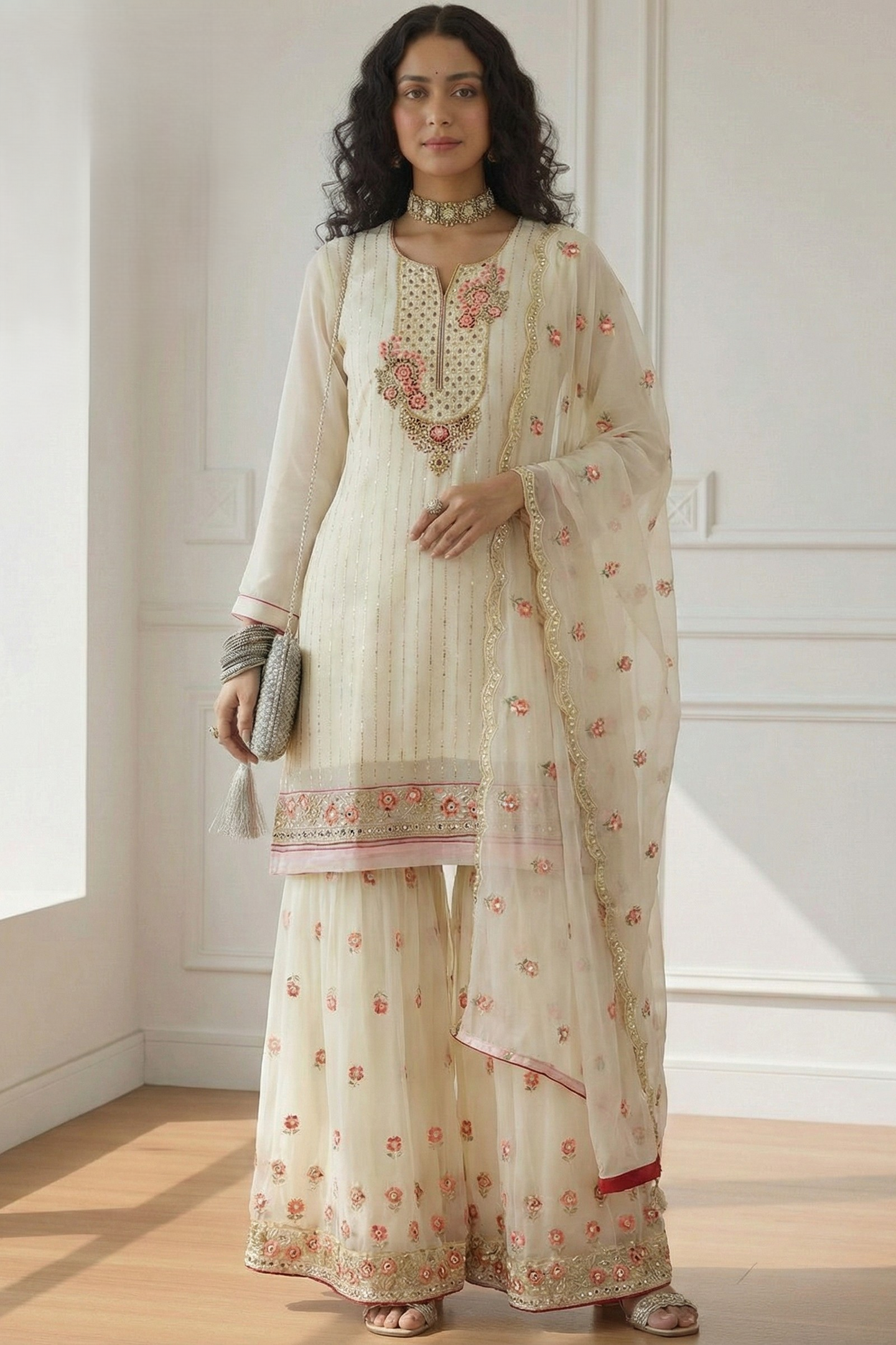 White Georgette Sharara Suit for Women with Khatli Work