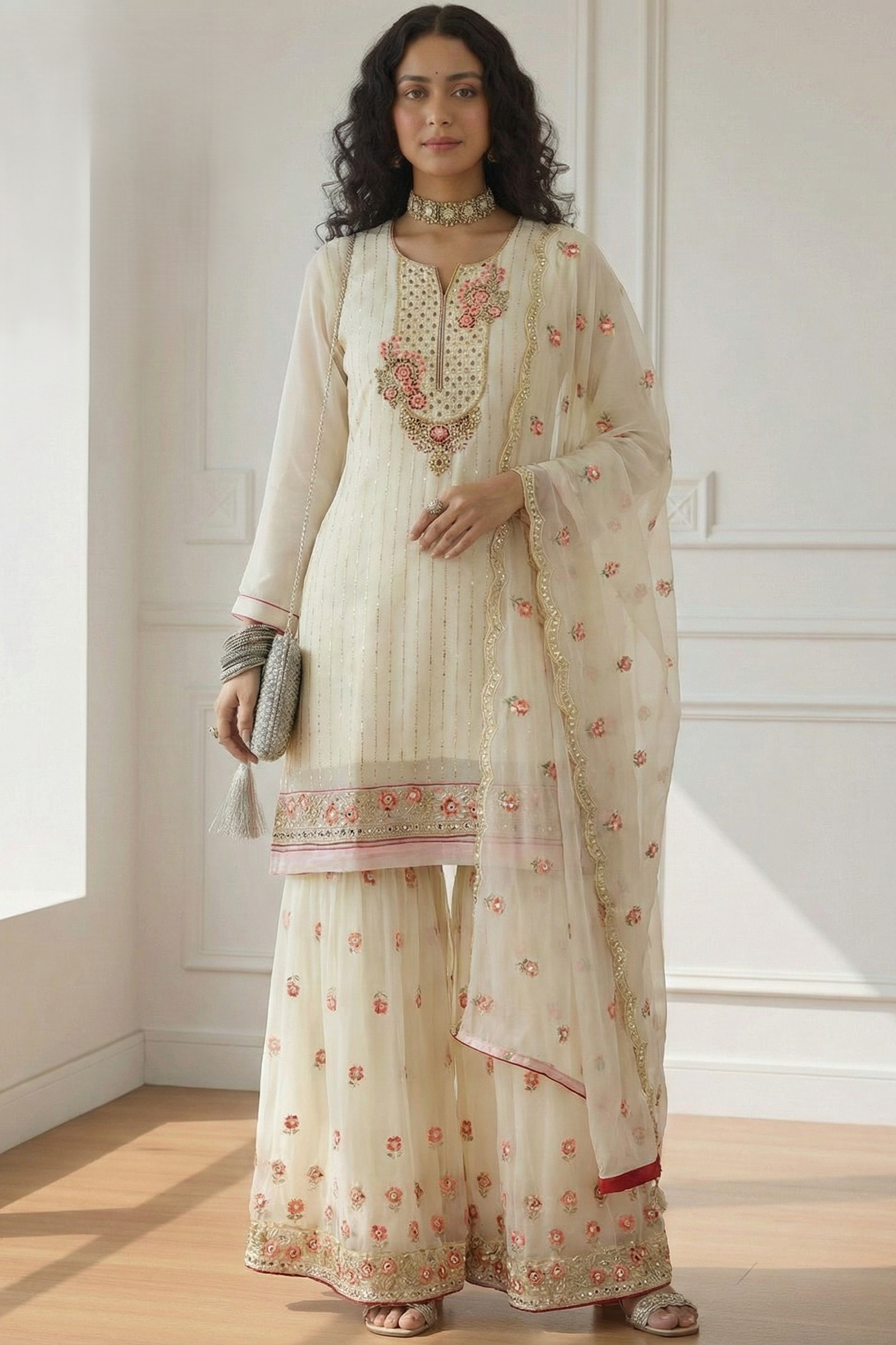 White Georgette Sharara Suit for Women with Khatli Work