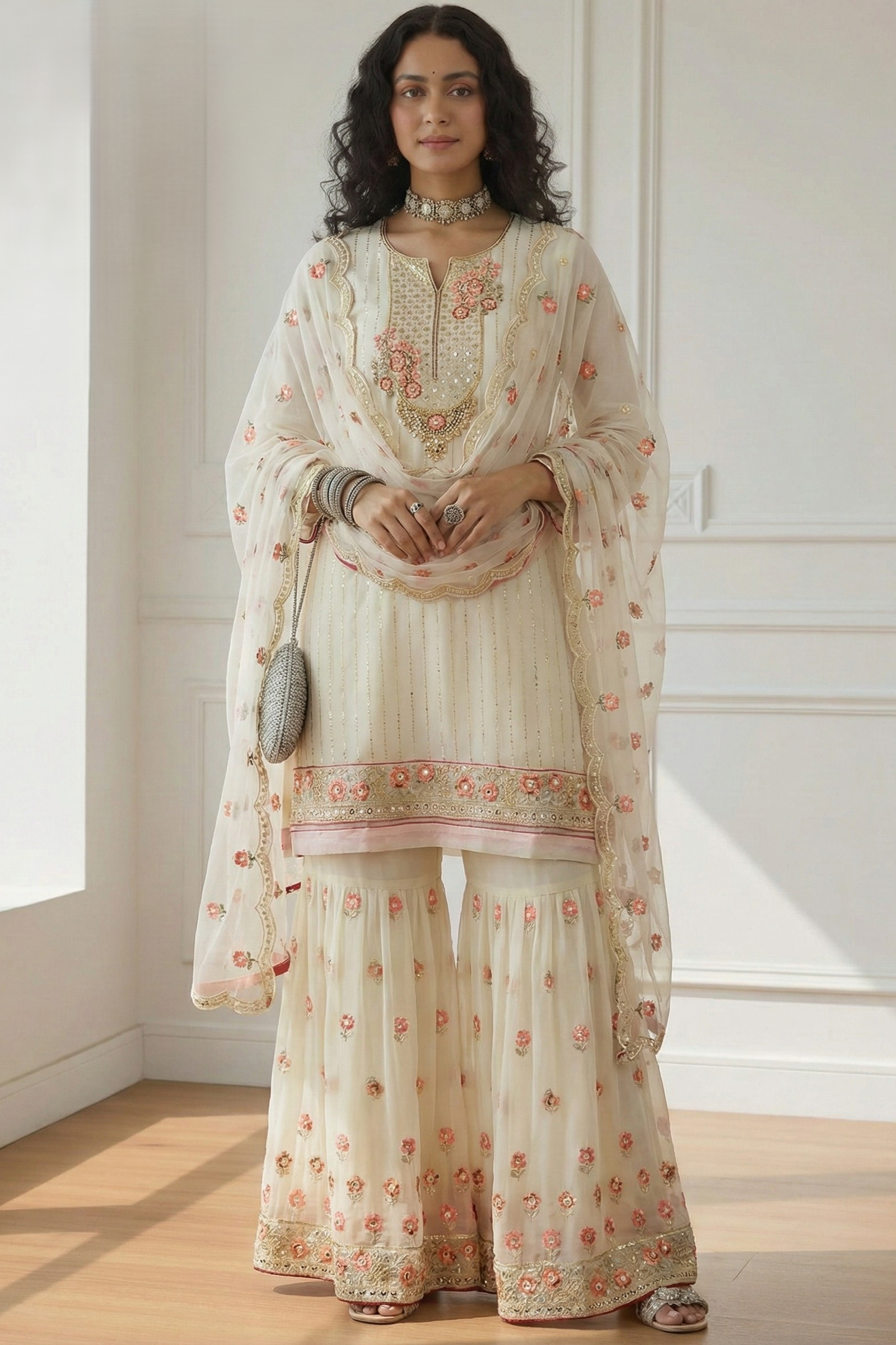 White Georgette Sharara Suit for Women with Khatli Work