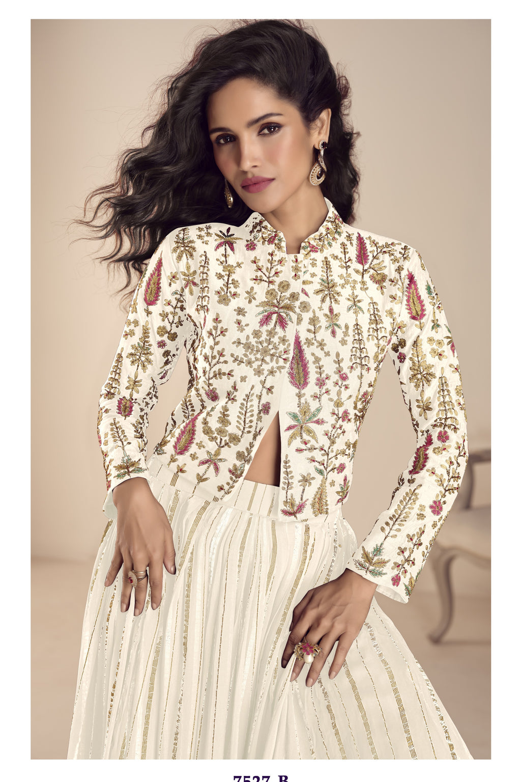 White Vichitra Silk Long Sleeves Lehenga with Sequin Embroidery Work