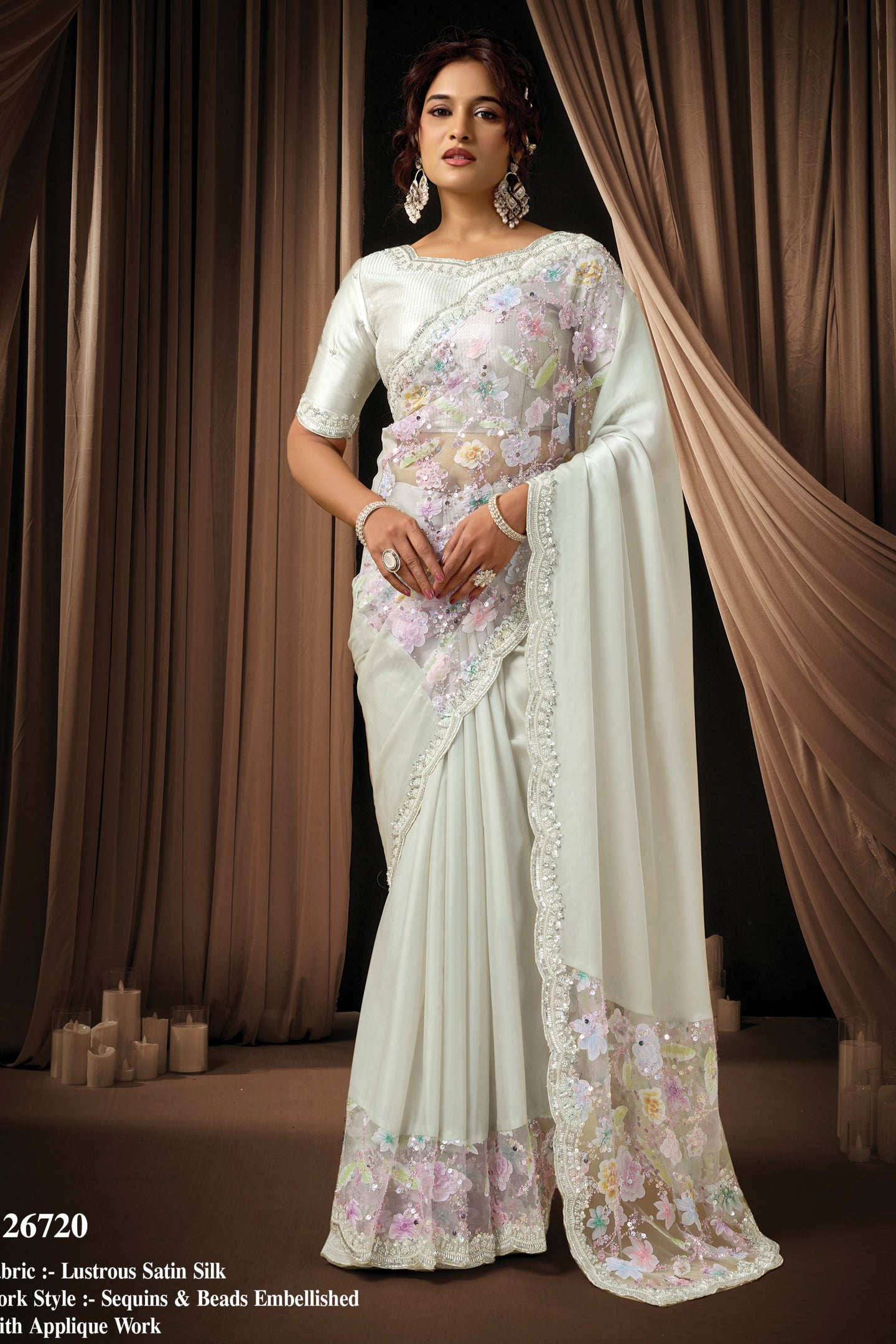 Off White Satin Silk Saree for Wedding Guest - Sequin, Applique, Bead Work