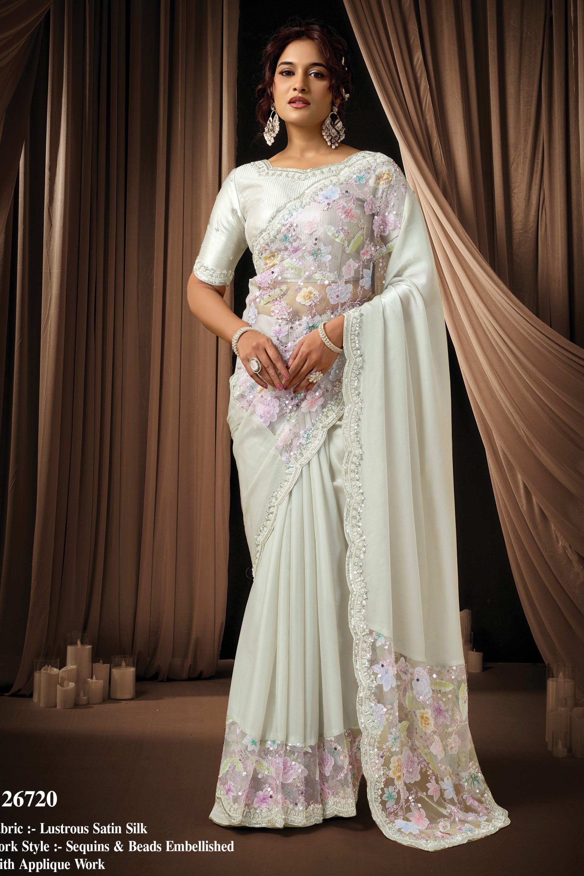 White Satin Silk Saree for Wedding Guest with Sequin and Bead Embroidery