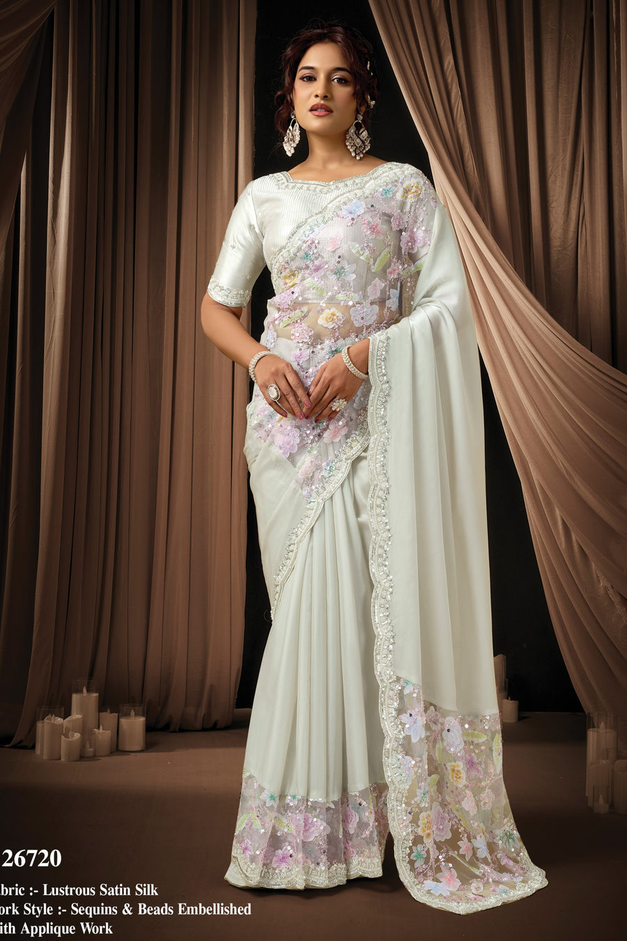 White Satin Silk Saree for Wedding Guest with Sequin and Bead Embroidery