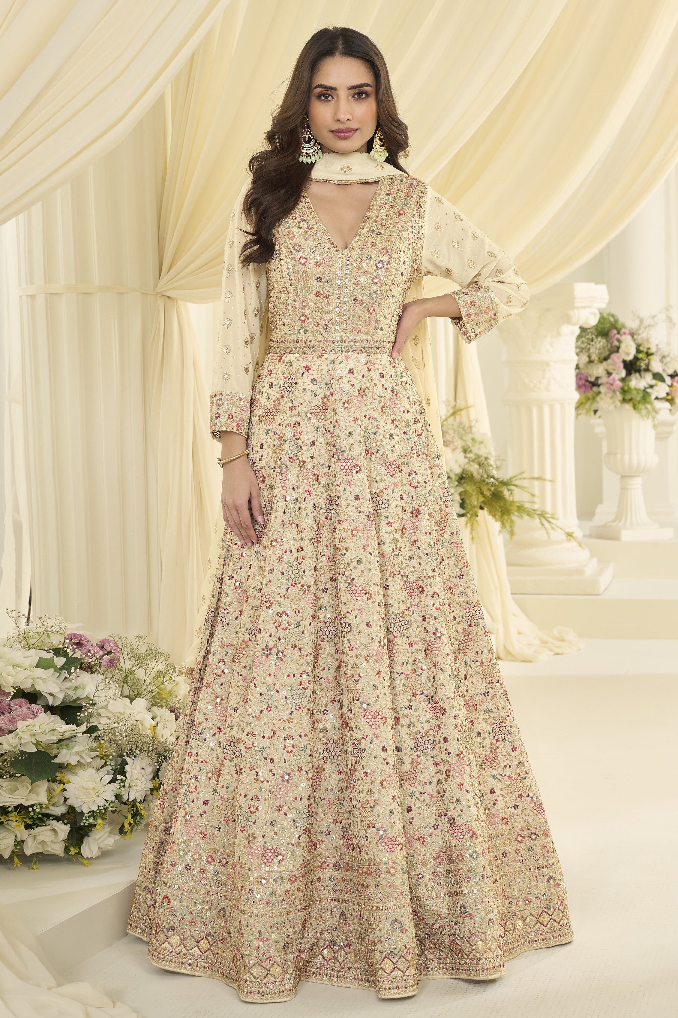 Cream Anarkali Dress for Sangeet in Georgette with Resham & Zari Embroidery 36