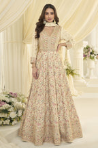 White Georgette Anarkali Dress for Sangeet with Zari and Resham Embroidery