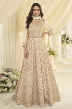 Cream Anarkali Dress for Sangeet in Georgette with Resham & Zari Embroidery