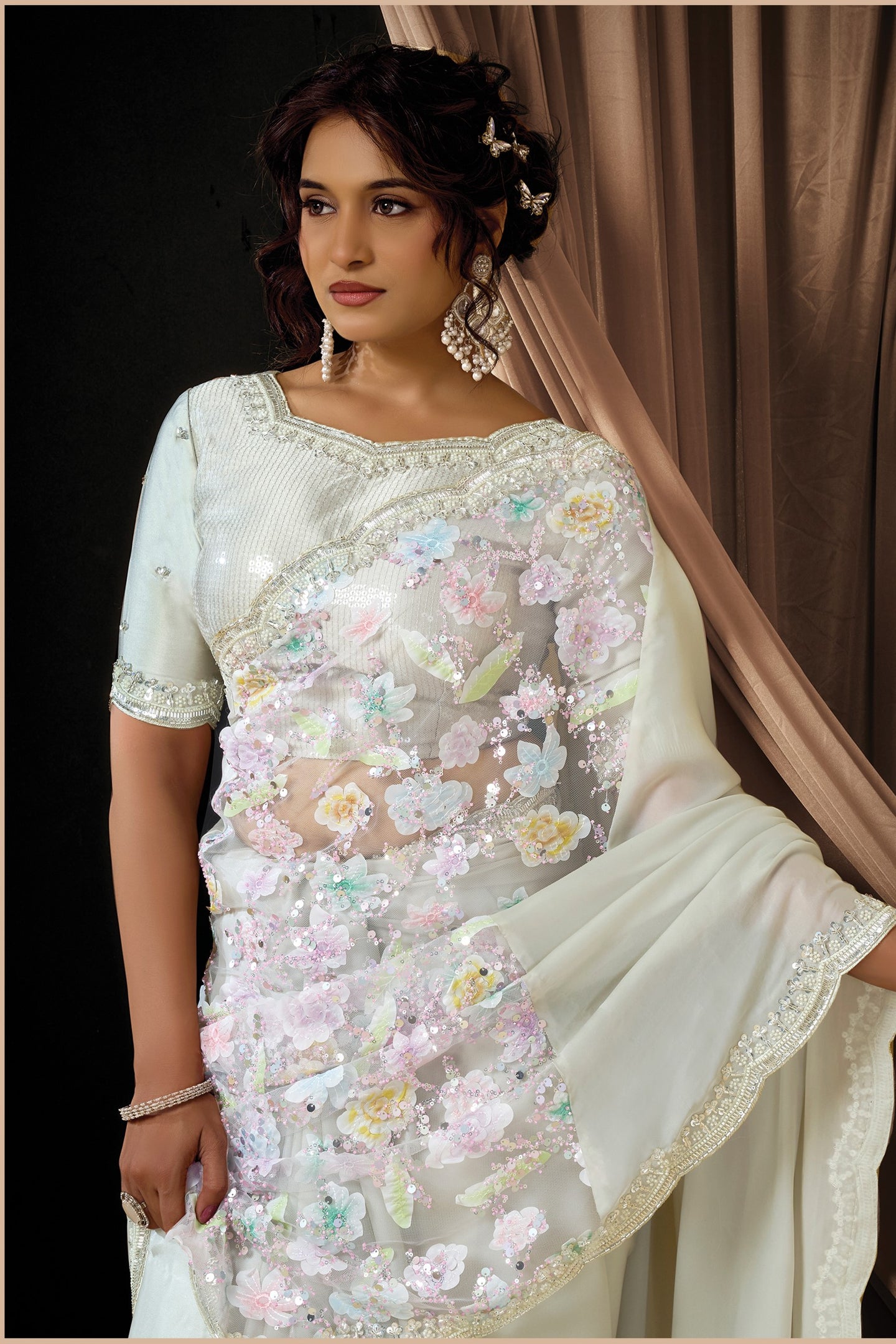 Off White Satin Silk Saree for Wedding Guest - Sequin, Applique, Bead Work