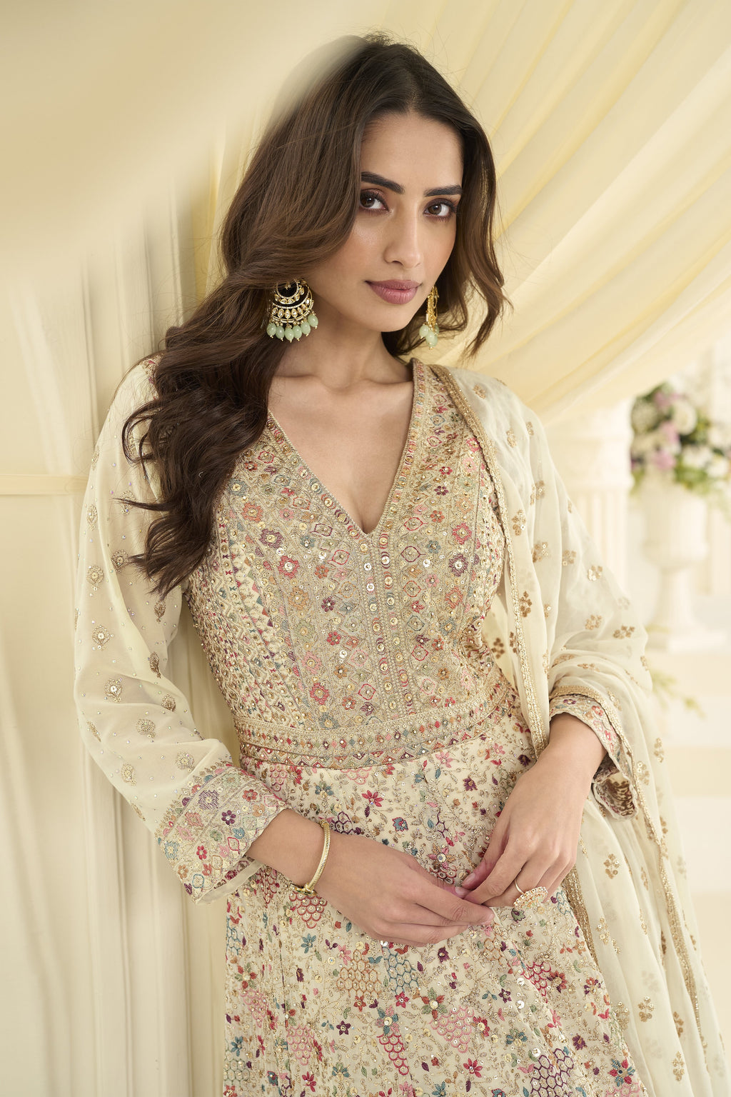 White Georgette Anarkali Dress for Sangeet with Zari and Resham Embroidery