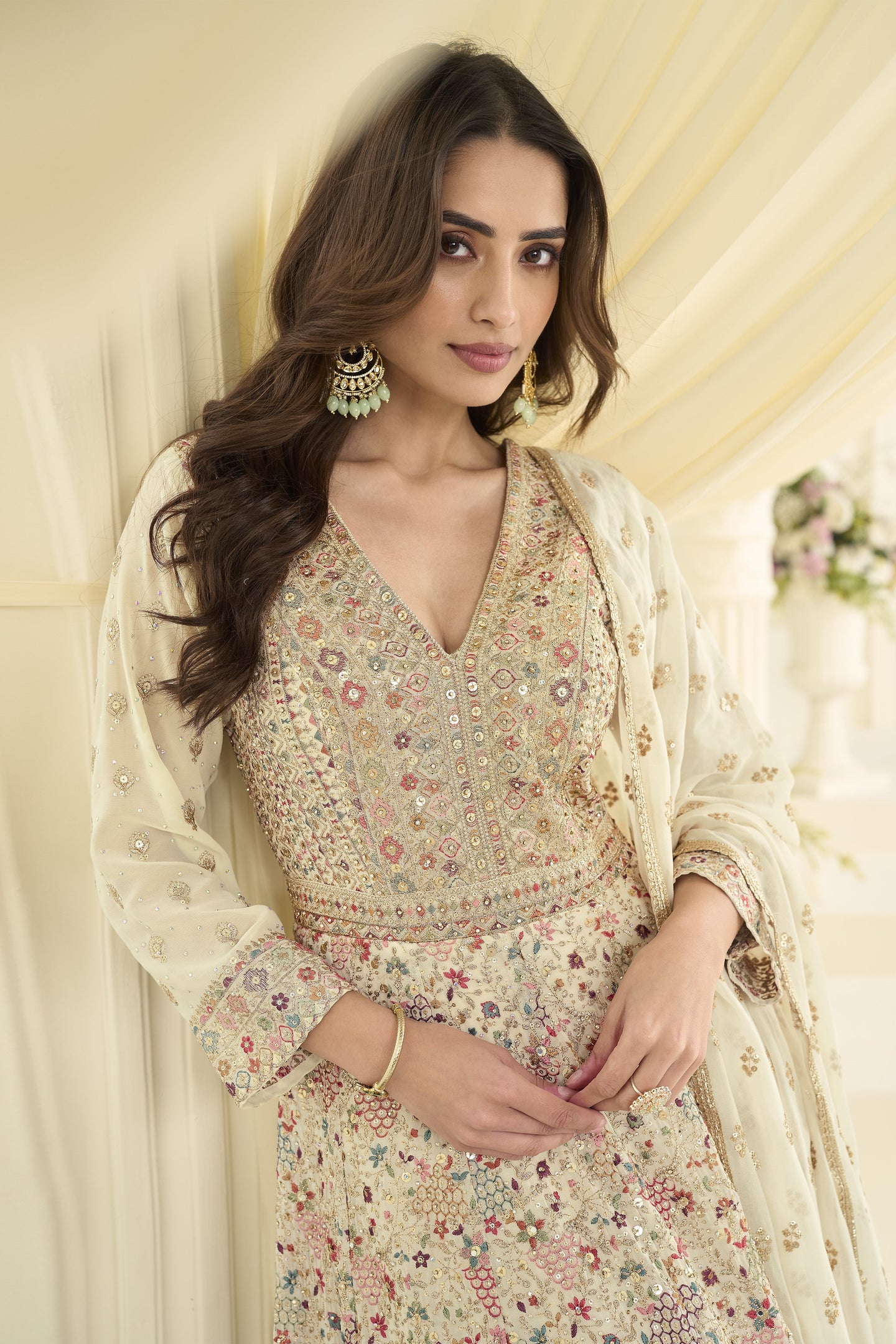 White Georgette Anarkali Dress for Sangeet with Zari and Resham Embroidery