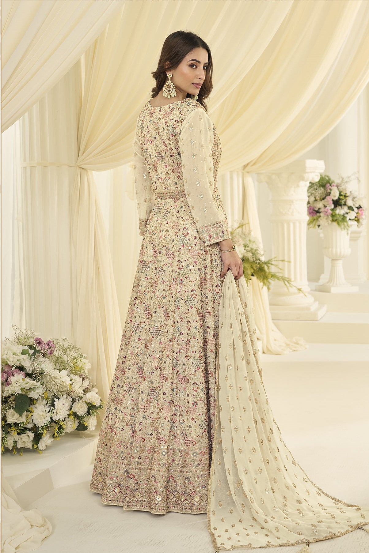 White Georgette Anarkali Dress for Sangeet with Zari and Resham Embroidery