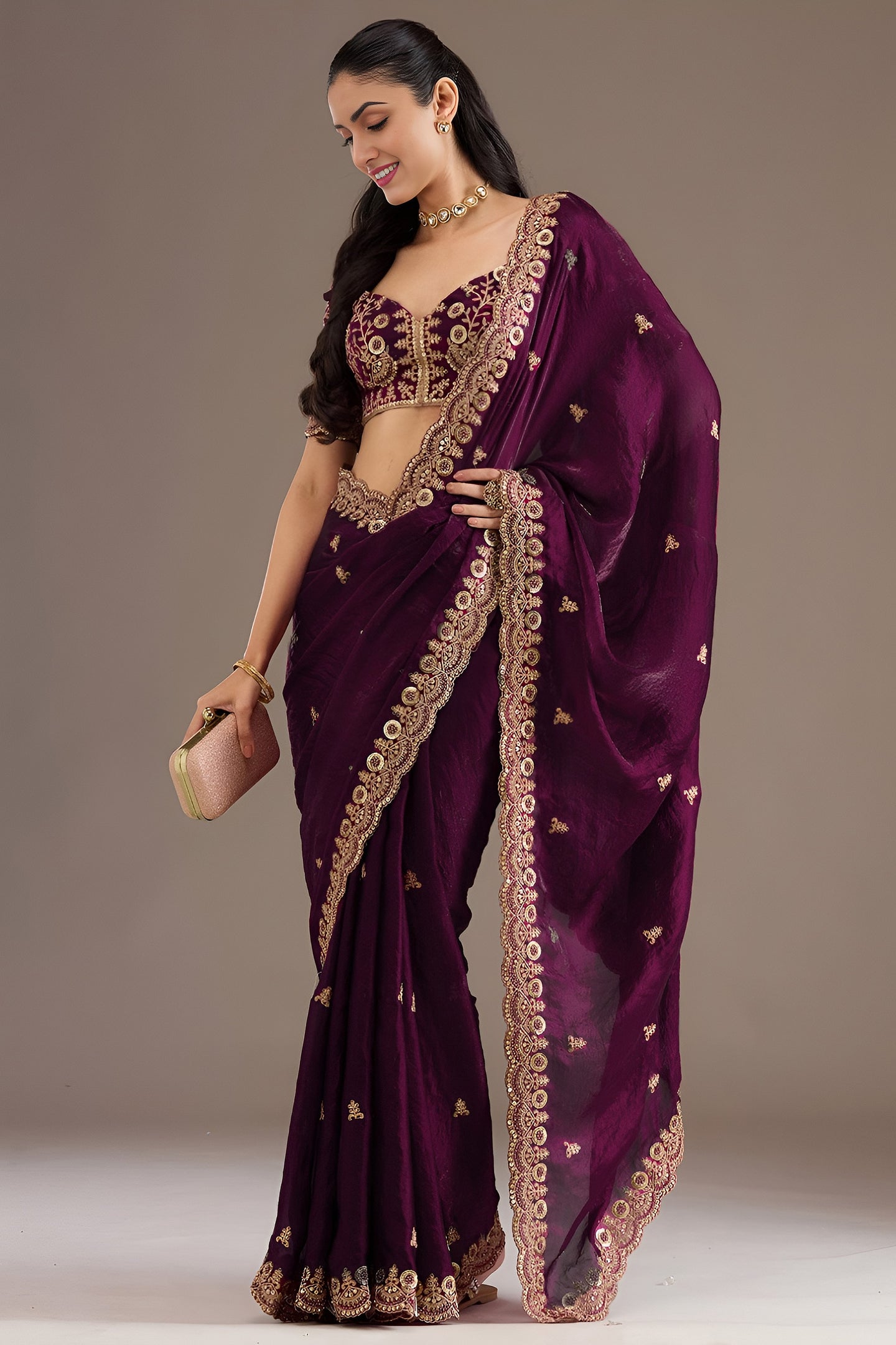 Wine Tissue Saree with Stitched Blouse with Sequin and Pearl Work