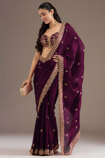 Wine Color Tissue Saree with Stitched Blouse with Sequin & Zari Work