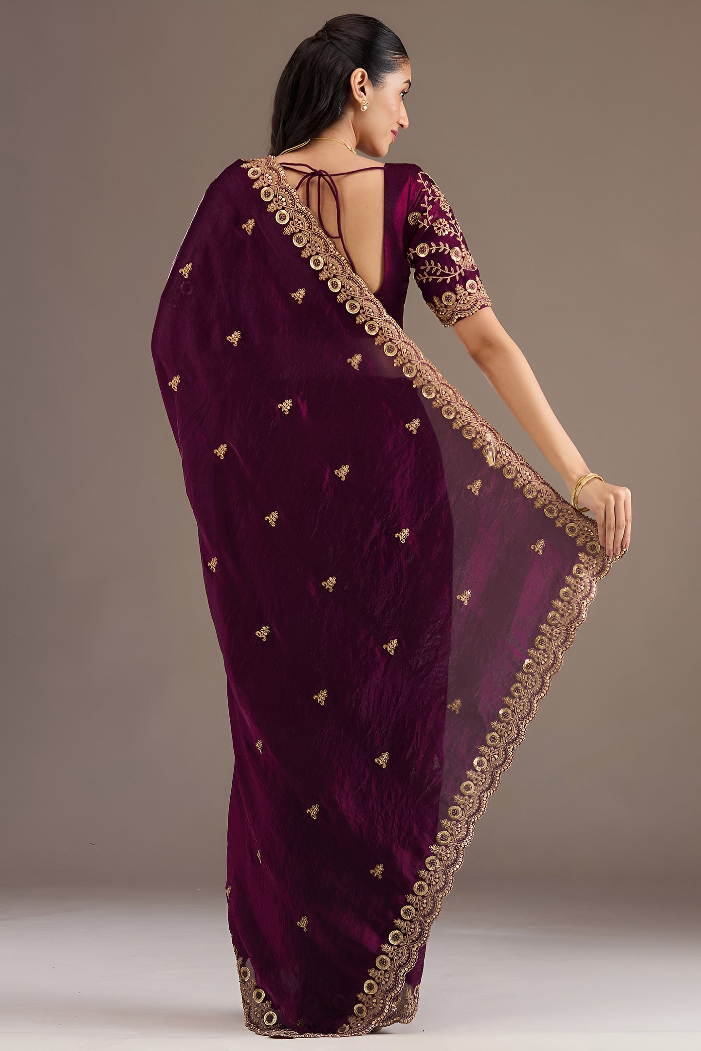 Wine Tissue Saree with Stitched Blouse with Sequin and Pearl Work