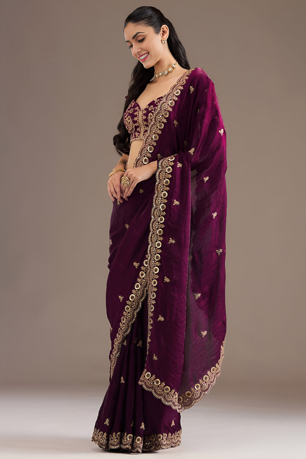 Wine Tissue Saree with Stitched Blouse with Sequin and Pearl Work