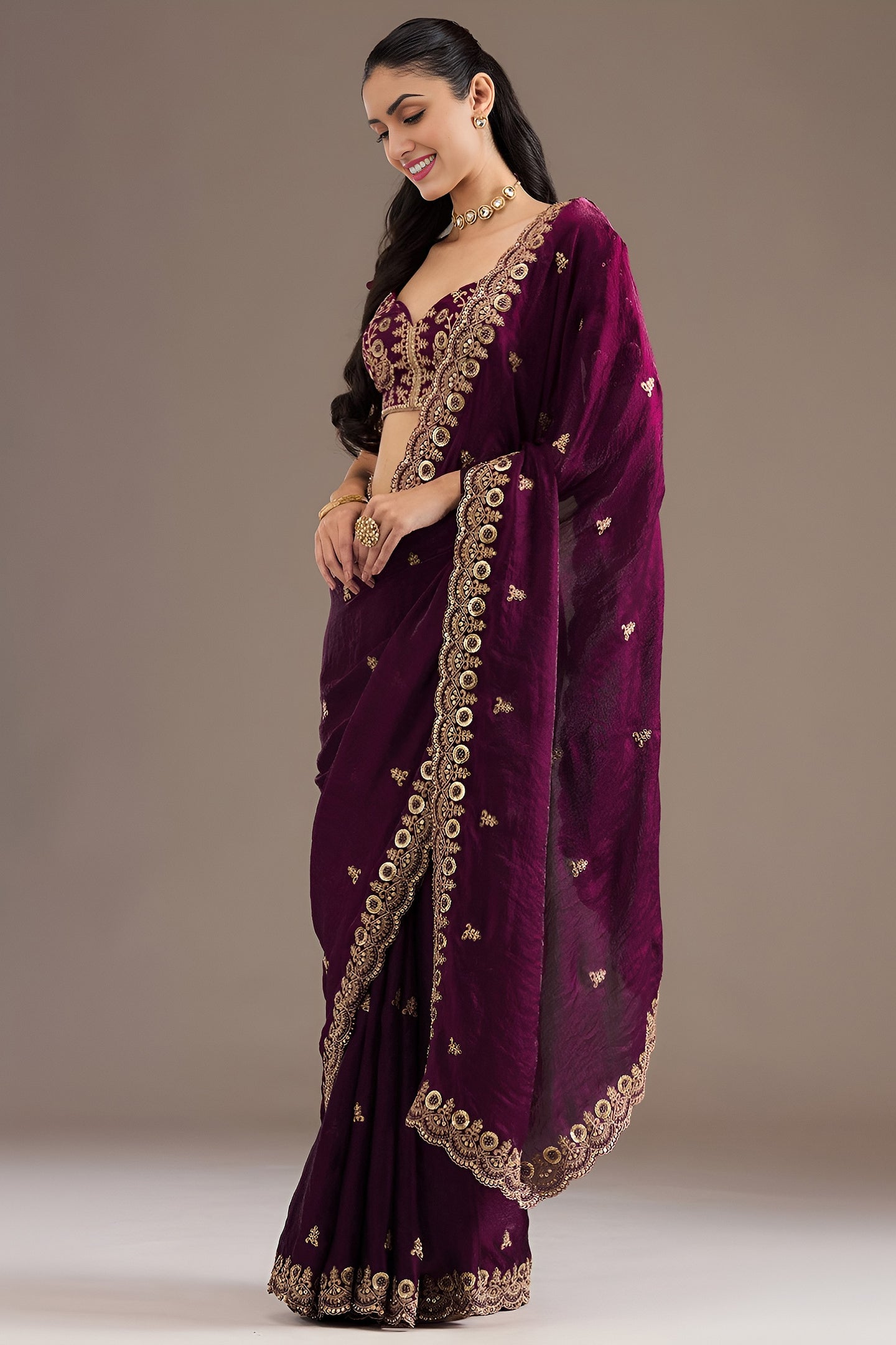 Wine Tissue Saree with Stitched Blouse with Sequin and Pearl Work