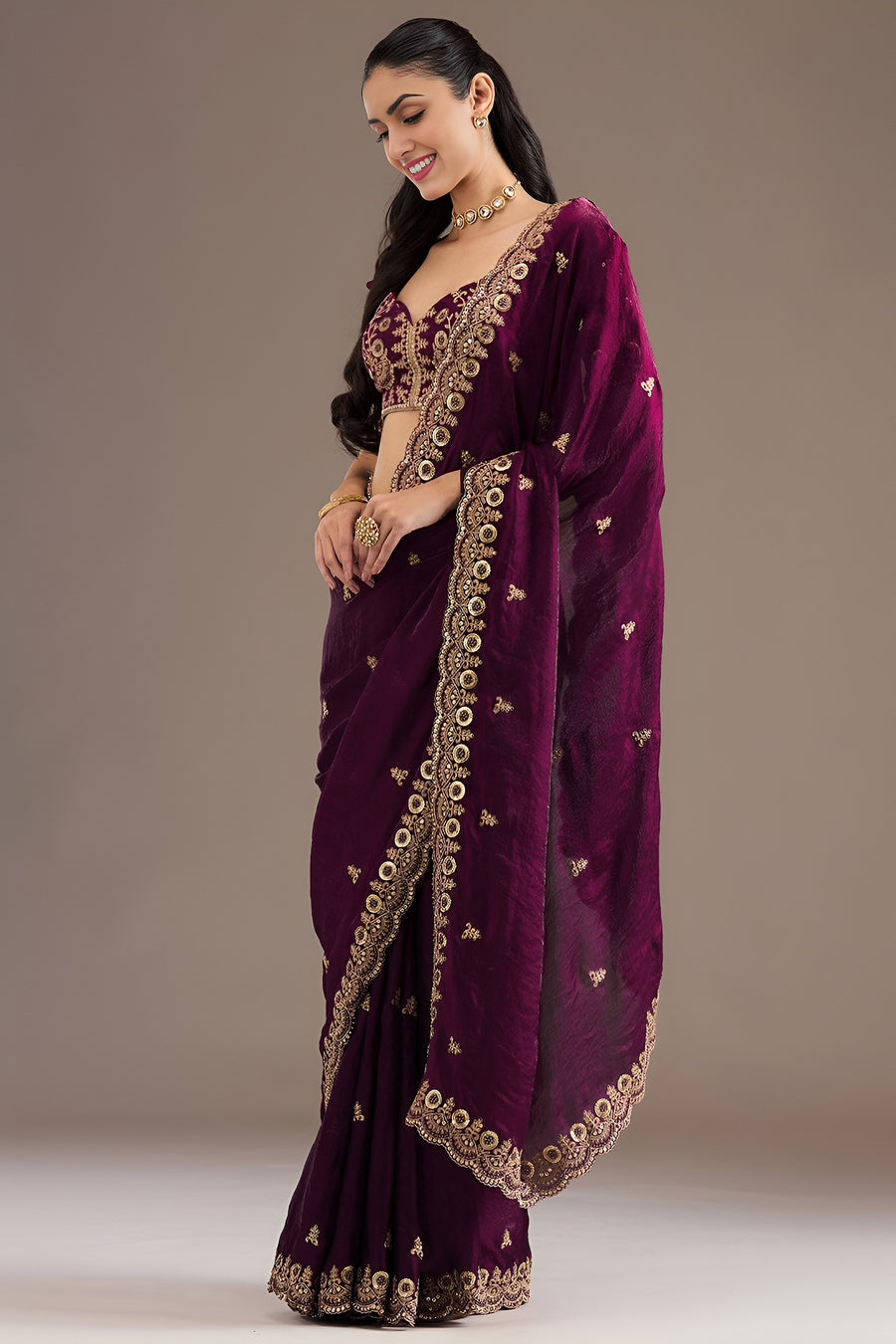 Wine Tissue Saree with Stitched Blouse with Sequin and Pearl Work