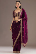 Wine Tissue Saree with Stitched Blouse with Sequin and Pearl Work