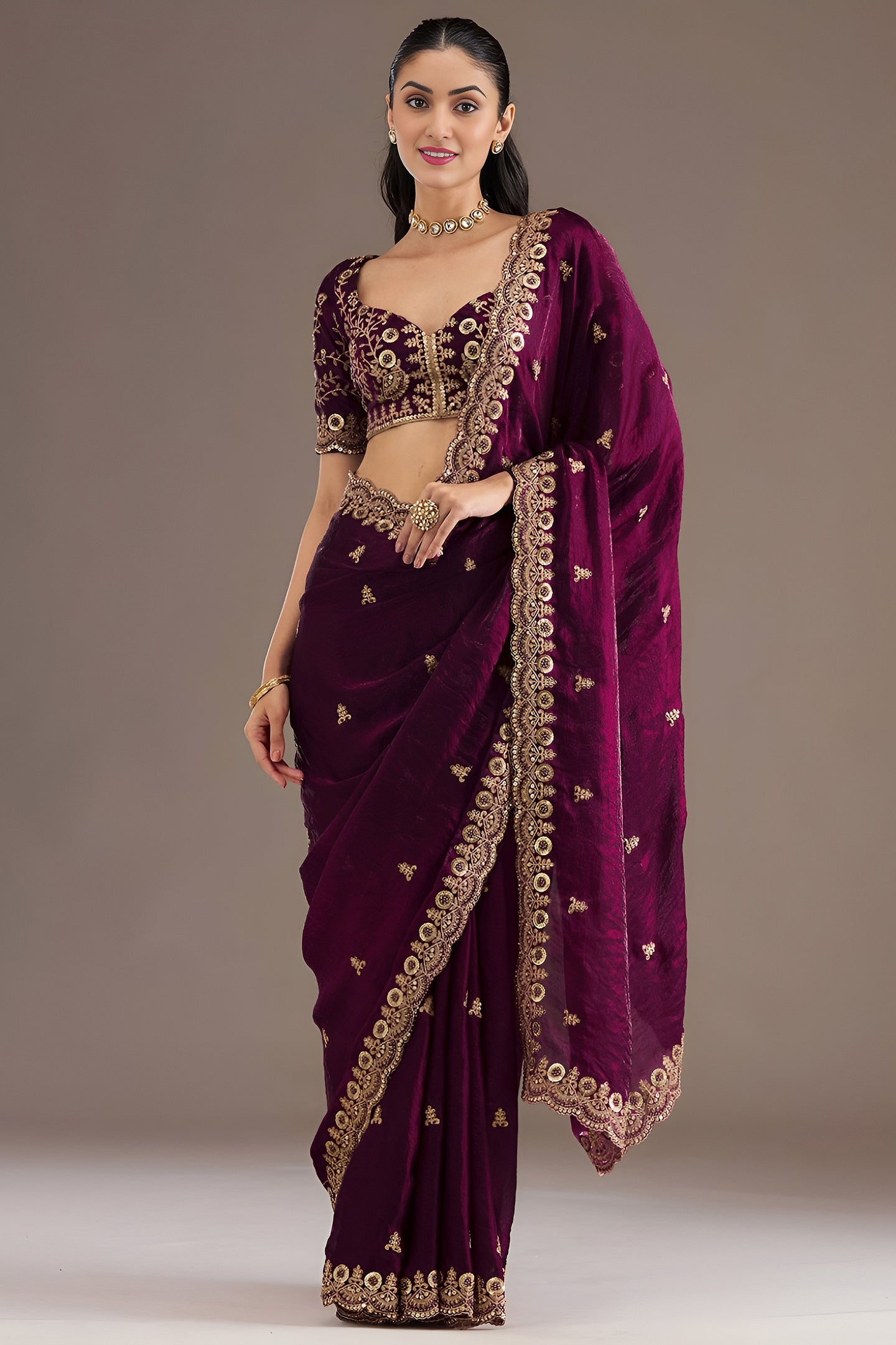 Wine Tissue Saree with Stitched Blouse with Sequin and Pearl Work