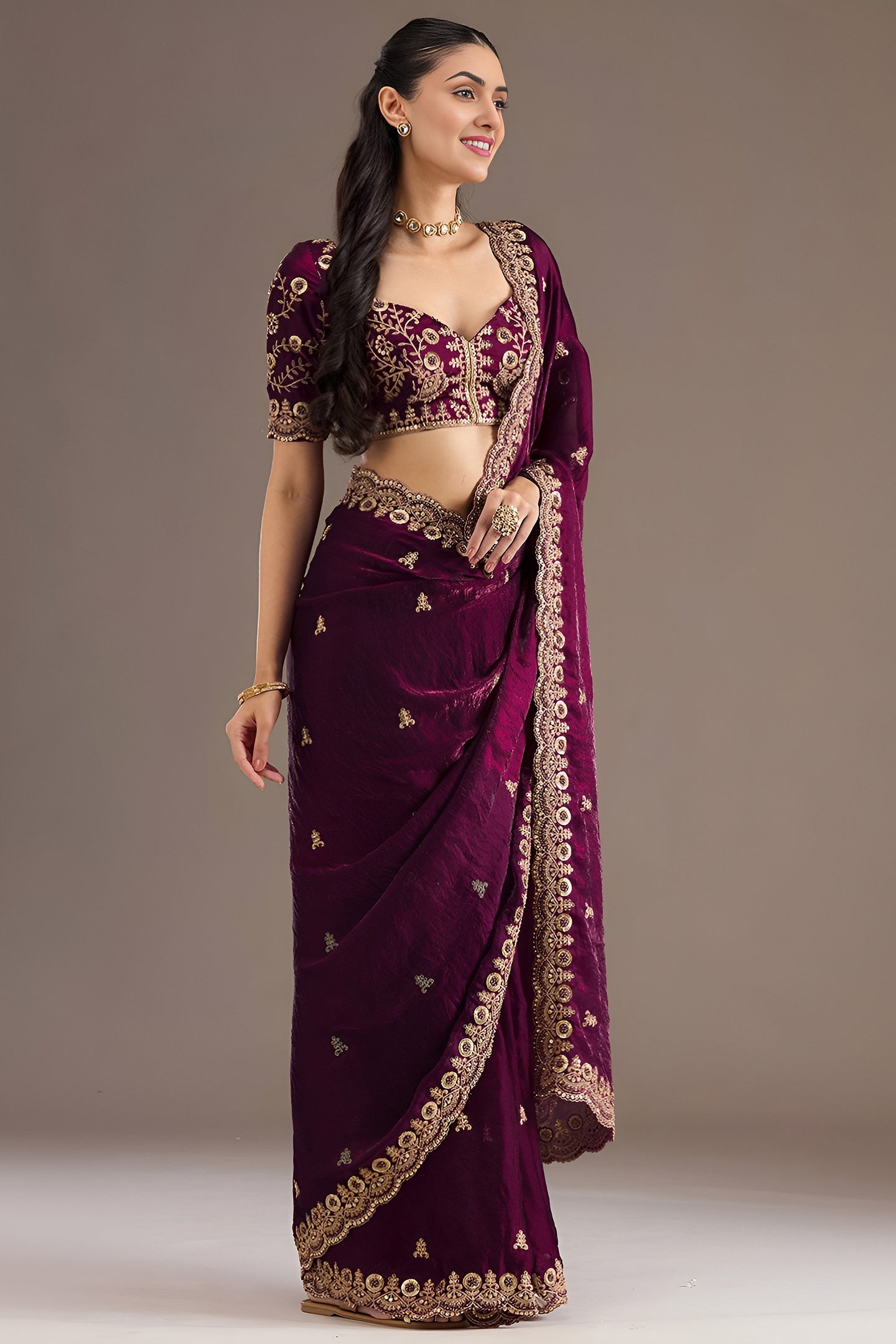 Wine Tissue Saree with Stitched Blouse with Sequin and Pearl Work