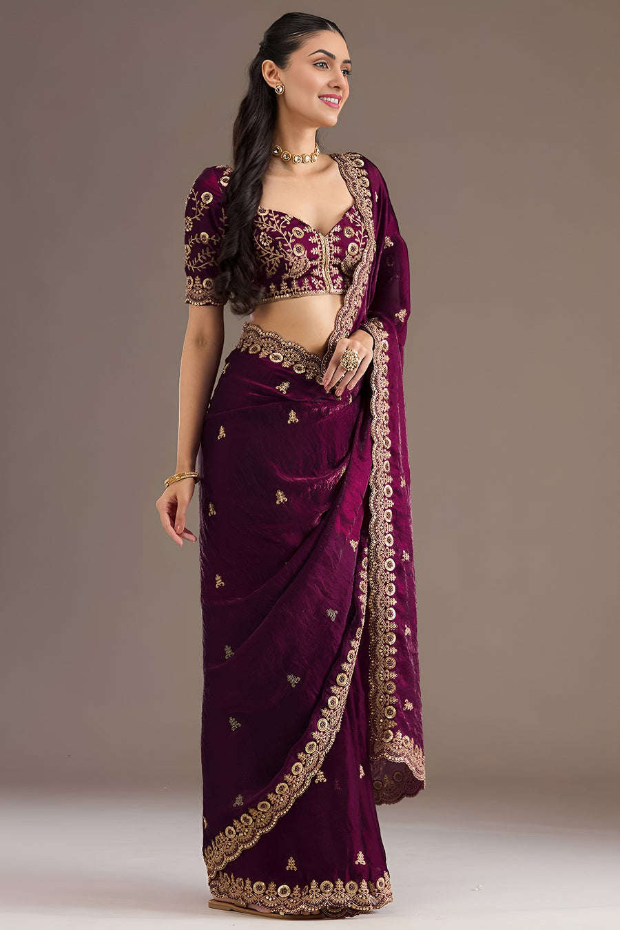 Wine Tissue Saree with Stitched Blouse with Sequin and Pearl Work