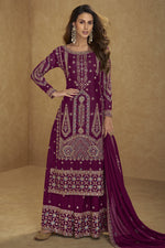 Wine Chinon Silk Long Kameez with Plazo in Sequin & Thread Work