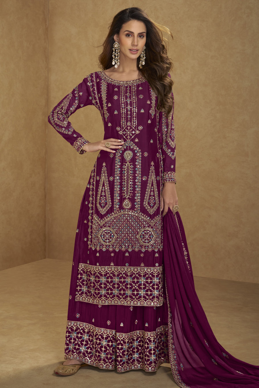 Wine Chinon Silk Long Kameez with Plazo