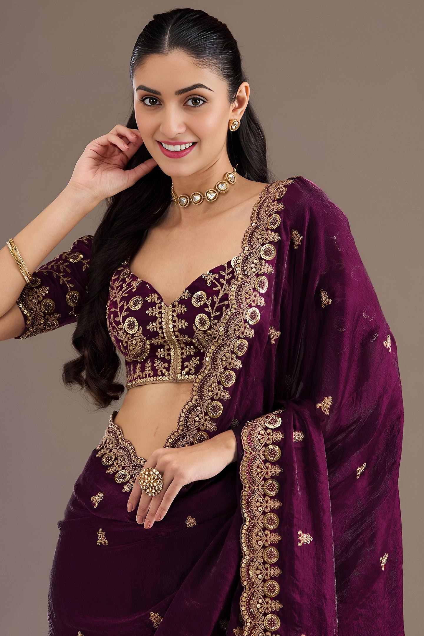 Wine Tissue Saree with Stitched Blouse with Sequin and Pearl Work