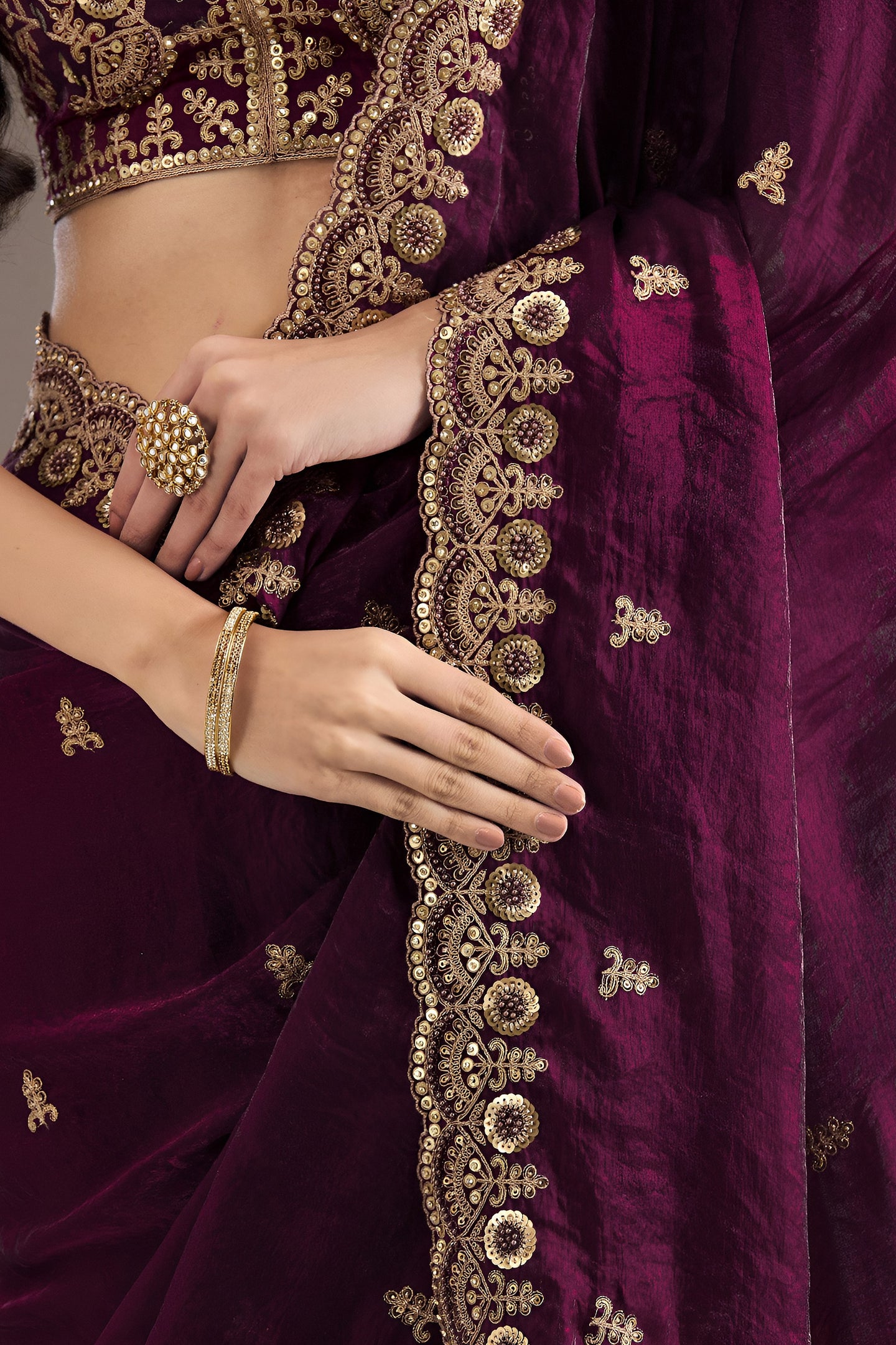 Wine Tissue Saree with Stitched Blouse with Sequin and Pearl Work